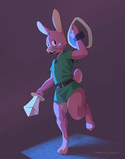 3_toes 4_fingers anthro belt clothed clothing countershading feet fingers fur green_clothing green_shirt green_topwear green_tunic holding_melee_weapon holding_object holding_sword holding_weapon long_ears male melee_weapon open_mouth pink_body pink_fur scut_tail shield shirt short_tail solo standing sword tail toes topwear tunic weapon unsavoryimpcat nintendo the_legend_of_zelda link_(rabbit_form) lagomorph leporid mammal rabbit 2025 hi_res