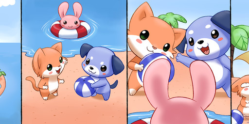 anthro ball beach_ball biped blue_body blue_fur detailed_background fur group humor inflatable inner_tube island muscular muscular_anthro nude orange_body orange_fur outside palm_tree partially_submerged pink_body pink_fur plant swimming tree trio water white_body white_fur seyumei canid canine canis domestic_cat domestic_dog felid feline felis lagomorph leporid mammal rabbit 2015 comic hi_res multiple_scenes