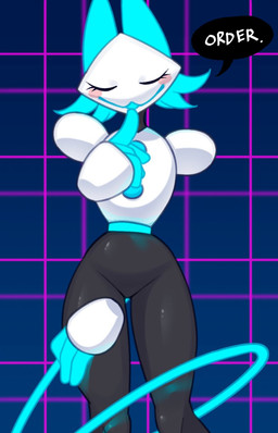 biped black_body blue_body blush dialogue eyelashes eyes_closed female finger_to_mouth glistening glistening_body machine simple_background smile solo speech_bubble white_body tokumori_kaisen deltarune undertale_(series) tasque_manager android felid feline mammal robot 9:14 hi_res