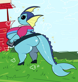 anthro anthrofied areola areola_slip beady_eyes big_breasts big_butt big_tail black_bottomwear black_clothing black_footwear black_high_heels black_sclera black_skirt blue_areola blue_body blue_nipples blue_skin blue_sky bottomwear breasts butt clothed clothing crop_top eyelashes female fin footwear glistening glistening_body glistening_butt glistening_tail grass head_fin high_heels holding_object holding_purse huge_thighs implied_transformation long_sleeves long_tail nipple_slip nipples no_underwear overweight overweight_anthro overweight_female plant poof pupils purple_clothing purple_crop_top purple_shirt purple_topwear purse raised_bottomwear raised_clothing raised_skirt shirt shoes short_stackification shortstack side_boob side_view skirt sky solo tail tail_fin tail_under_skirt thick_tail thick_thighs tight_clothing tight_shirt tight_topwear topwear transformation under_boob well white_pupils wide_eyed wide_hips wishing_well whiteraff nintendo pokemon eeveelution generation_1_pokemon pokemon_(species) vaporeon aliasing digital_media_(artwork) meme