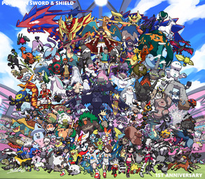 absolutely_everyone ambiguous_gender anniversary anthro blue_sky clothing cloud crowd dynamax_band female feral field group gym_leader jersey large_group male open_mouth pokemon_champion shirt sky spotlight stadium tongue tongue_out topwear makotoo game_freak nintendo pokemon allister_(pokemon) avery_(pokemon) bea_(pokemon) bede_(pokemon) gloria_(pokemon) gordie_(pokemon) hop_(pokemon) kabu_(pokemon) klara_(pokemon) leon's_charizard leon_(pokemon) marnie_(pokemon) melony_(pokemon) milo_(pokemon) mustard_(pokemon) nessa_(pokemon) opal_(pokemon) peony_(pokemon) piers_(pokemon) raihan_(pokemon) victor_(pokemon) alcremie amped_toxtricity animate_inanimate appletun applin arctovish arctozolt arrokuda barraskewda blipbug boltund calyrex carkol centiskorch charizard chewtle cinderace clobbopus coalossal copperajah corviknight corvisquire cramorant crowned_shield_zamazenta crowned_sword_zacian cufant cursola dottler dracovish dracozolt dragapult drakloak drednaw dreepy drizzile dubwool duraludon eiscue eldegoss eternatus falinks flapple fossil_pokemon frosmoth galarian_articuno galarian_corsola galarian_darmanitan galarian_darumaka galarian_farfetch'd galarian_form galarian_linoone galarian_meowth galarian_moltres galarian_mr._mime galarian_ponyta galarian_rapidash galarian_slowbro galarian_slowking galarian_slowpoke galarian_stunfisk galarian_weezing galarian_yamask galarian_zapdos galarian_zigzagoon generation_1_pokemon generation_4_pokemon generation_8_pokemon glastrier gossifleur grapploct greedent grimmsnarl grookey hatenna hatterene hattrem human humanoid ice_face_eiscue impidimp indeedee inteleon kubfu legendary_pokemon low_key_toxtricity mammal milcery morgrem morpeko morpeko_(full_belly_mode) mr._rime nickit obstagoon orbeetle perrserker pincurchin pokemon_(species) polteageist raboot rapid_strike_style_urshifu regidrago regieleki regional_form_(pokemon) rillaboom rolycoly rookidee rotom rotom_phone runerigus sandaconda scorbunny silicobra single_strike_style_urshifu sinistea sirfetch'd sizzlipede skwovet snom sobble spectrier standard_mode_galarian_darmanitan stonjourner strawberry_sweet_alcremie thievul thwackey toxel toxtricity urshifu vanilla_cream_alcremie wooloo yamper zacian zamazenta zarude absurd_res colored digital_media_(artwork) digital_painting_(artwork) hi_res painting_(artwork) signature