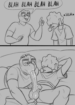 2_panel_comic 5_fingers anthro balls big_penis blah_blah_blah blowjob_face bodily_fluids bottomless clothed clothing cum cum_in_mouth cum_inside dialogue duo erection eyewear fellatio fingers fur genital_fluids genitals glasses grey_background hair hair_over_eye humanoid_genitalia humanoid_penis male male/male nerd open_mouth oral penile penis saliva saliva_on_balls saliva_on_penis sex shirt sigh simple_background smile speech_bubble spread_legs spreading t-shirt text topwear kostos_art instant_loss_2koma bennie_(kostos_art) matteo_(kostos_art) amphibian canid canine canis domestic_dog frog mammal poodle 2025 absurd_res comic english_text hi_res monochrome multiple_scenes sketch