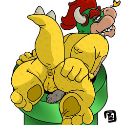 3_toes 4_fingers anthro anus balls biped bodily_fluids butt drooling erection feet fingers flaccid foreskin genitals hair half-closed_eyes hand_on_butt horn humanoid_genitalia humanoid_penis looking_at_viewer looking_back lying male narrowed_eyes nude on_front penis presenting presenting_anus presenting_hindquarters raised_tail rear_view red_hair saliva scales smile solo tail toes unretracted_foreskin warp_pipe yellow_body yellow_scales bowserboy101 mario_bros nintendo bowser koopa scalie 1:1 2015