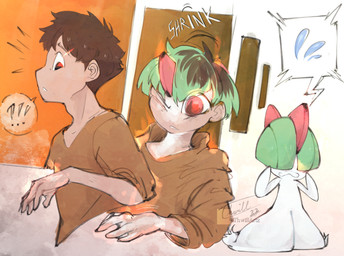 brown_clothing brown_hair brown_shirt brown_topwear clothing green_pseudo_hair hair human_to_humanoid light_blush male pokemon_transformation pseudo_hair red_eyes shirt shrinking shrinking_out_of_clothes simple_background size_transformation solo species_transformation surprised three_frame_sequence topwear transformation transformation_sequence thwillartz nintendo pokemon generation_3_pokemon human humanoid mammal pokemon_(species) ralts hi_res sequence