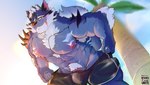 abs anthro blue_body blue_eyes blue_fur bottomwear clothed clothing erection erection_under_clothing fur genitals male muscular muscular_anthro muscular_male nipples palm_tree pecs penis penis_base plant shorts solo sunset tree undressing koko2unite lifewonders tokyo_afterschool_summoners tindalos_(tas) canid canine canis mammal wolf