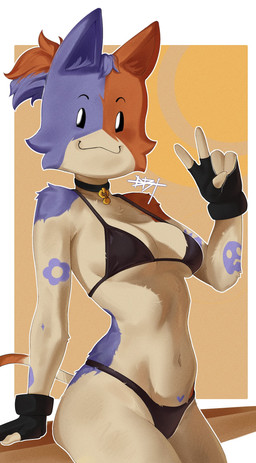:3 anthro bikini black_bikini black_clothing black_swimwear blue_body blue_fur breasts clothing collar female fur gesture gloves hand_gesture handwear markings multicolored_body multicolored_fur navel orange_body orange_fur simple_background sitting smile smiling_at_viewer solo swimwear tail two-piece_swimsuit v_sign white_body white_fur drt_l0l epic_games fortnite cate_meowdy domestic_cat felid feline felis mammal hi_res
