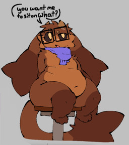 2_horns anthro belly belly_rolls big_belly big_ears big_eyes big_tail black_sclera blue_scarf brown_body brown_fur dialogue dipstick_ears dipstick_tail ear_markings eyebrows eyelashes eyewear featureless_chest feet femboy floppy_ears front_view fur furniture glasses grey_background hands_behind_back horn lop_ears male markings moobs mostly_nude multicolored_ears nude obese obese_anthro obese_male open_mouth overweight overweight_anthro overweight_male pear-shaped_figure question raised_eyebrow rectangular_glasses scarf short simple_background sitting sitting_on_stool small_horn solo speech_bubble stool suggestive_text tail tail_markings text thick_thighs three-quarter_view toes wearing_glasses wide_hips yellow_eyes soarfloh syloh_(soarfloh) canid canine fox mammal colored english_text flat_colors full-length_portrait portrait