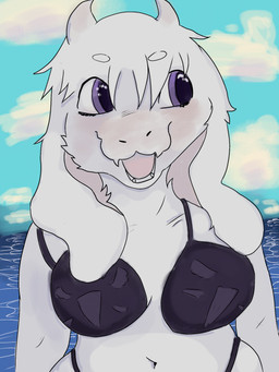 anthro beach bikini bikini_top clothing female floppy_ears horn navel open_mouth purple_eyes solo swimwear two-piece_swimsuit water cheeseburbger7827 undertale_(series) toriel toriel_(deltarune) bovid caprine goat mammal 3:4 hi_res