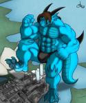 abs anthro building bulge city clothing feet landscape_dwarfing looming macro male muscular muscular_anthro muscular_male pecs solo tail thong underwear modem_redpill mythology beta_tyson dragon mythological_creature mythological_scalie scalie hi_res