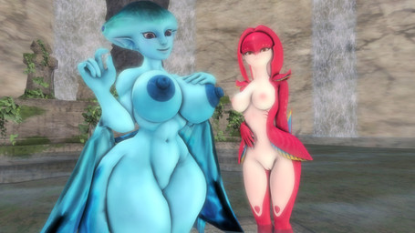 5_fingers big_breasts big_nipples blue_body blue_nipples blue_skin breast_size_difference breasts claws curvy_figure darkened_nipples duo female fingers genitals looking_at_viewer nipples nude nude_female nude_humanoid pink_nipples purple_eyes red_body red_skin slim slim_female slim_humanoid standing thick_thighs voluptuous voluptuous_female voluptuous_humanoid vulva water sonicthebitch breath_of_the_wild nintendo ocarina_of_time the_legend_of_zelda mipha princess_ruto aquatic humanoid zora 16:9 hi_res widescreen