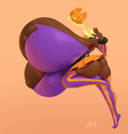 5_fingers areola armwear big_breasts big_butt big_nipples biped bottomwear breasts brown_body butt clothed clothing collar detachable detachable_head eyelashes eyes_closed female fingers food for_a_head fruit holidays huge_breasts huge_nipples hyper hyper_breasts ineffective_clothing legwear multicolored_clothing nipples on_one_leg open_mouth open_smile orange_clothing plant pumpkin pumpkin_head purple_clothing side_view simple_background smile solo standing text dibujosv12 european_mythology halloween irish_mythology mythology animal_head animal_humanoid dullahan humanoid object_head 2025 absurd_res artist_name character_request digital_drawing_(artwork) digital_media_(artwork) hi_res