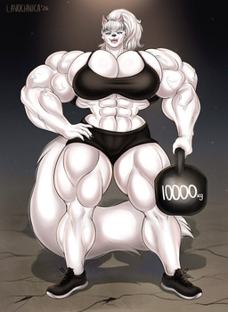 abs anthro big_breasts big_muscles bikini breasts clothing fangs fangs_bared female fur hair huge_breasts huge_muscles kettlebell looking_at_viewer monotone_body monotone_fur muscular ponytail quads smile smug solo swimwear tail teeth two-piece_swimsuit vein veiny_muscles white_body white_fur lavochnica canid canine canis mammal wolf absurd_res hi_res