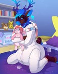 ageplay anthro antlers big_diaper blue_antlers blue_body blue_eyes blue_fur blue_hair blue_markings blue_sclera brown_body brown_fur clothed clothing diaper diaper_puff diaper_under_clothing diaper_under_onesie eyelashes female fur glistening glistening_eyes hair holding_object holding_plushie horn infantilism kneeling looking_at_viewer markings onesie open_clothing oversized_diaper pink_diaper plushie pokemon_plushie roleplay short_hair smile solo wearing_diaper white_onesie bunnykisses arietes deer mammal absurd_res hi_res