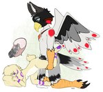 anthro beak black_body black_fur bodily_fluids breasts butt cum cum_inflation cum_inside cum_on_belly cum_on_body cum_on_butt cum_on_ground duo ears_down feet female fur genital_fluids genitals inflation internal leaking_cum male male/female markings penis pivoted_ears purple_markings red_markings simple_background size_difference small_breasts talons toes white_body white_fur wings yellow_body yellow_fur maiiyumi gayl tima avian bird lagomorph leporid mammal rabbit