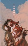 ambiguous_gender blue_sky brown_body brown_fur cheek_tuft cloud facial_tuft fangs feral fur inner_ear_fluff logo neck_tuft open_mouth orange_eyes outside sky solo teeth text tuft whiskers white_body white_fur white_inner_ear_fluff blackscour felid mammal artist_logo artist_name hi_res