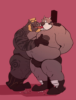 anthro arm_hair ball_gag bdsm beard belly big_belly big_moobs blonde_beard blonde_eyebrows blonde_facial_hair blonde_hair bodily_fluids body_hair bondage boots bottomwear bound brown_body brown_boots brown_bottomwear brown_clothing brown_footwear brown_gloves brown_handwear brown_skin clothed clothing drooling duo erection erection_under_clothing eyebrows facial_hair footwear gag gagged gloves hair handwear huge_moobs leg_hair male moob_grab moobs narrowed_eyes navel obese obese_anthro obese_male one_eye_closed open_mouth open_smile overweight overweight_anthro overweight_male red_background red_gag red_tongue saliva shoes short_hair simple_background smile standing sweat sweaty_arms sweaty_belly sweaty_face sweaty_legs sweaty_moobs tongue tongue_out topless chocolateandmilk canid canine canis domestic_dog mammal suine 2020 absurd_res dated hi_res signature
