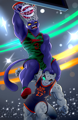 anthro ball basketball basketball_(ball) basketball_court basketball_uniform biceps bottomwear clothed clothing duo female footwear fur grey_body grey_fur jumping markings melanistic muscular muscular_anthro muscular_female one_eye_closed open_mouth shoes shorts sportswear spots spotted_body tail teeth text text_on_clothing text_on_topwear tongue tongue_out topwear uniform rakoongrey dreamworks goat_(movie) sony_corporation sony_pictures the_bad_guys jett_fillmore kitty_kat_(the_bad_guys) felid leopard mammal pantherine snow_leopard absurd_res digital_media_(artwork) hi_res