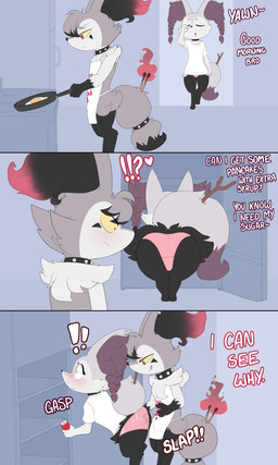 accessory anthro appliance apron bangs bent_over big_butt black_body black_fur black_legs blush braided_hair butt butt_shot butt_slap cheek_markings chest_tuft choker clothing collar cookware dialogue drumstick_(musical) duo ear_tuft facial_markings female fire flaming_tail fridge frying_pan fur furgonomics fusion grey_body grey_fur hair head_markings highlights_(coloring) in_fridge jewelry kiss_the_cook kitchen_appliance kitchen_utensils licking licking_lips male male/female markings necklace panties pink_clothing pink_panties pink_underwear pokemon_fusion raised_tail red_eyes siblings_with_benefits slap spanking spiked_collar spikes stick stick_in_tail tail tail_accessory tail_collar text tongue tongue_out tools tuft underwear white_body white_fur wide_eyed yellow_sclera porldraws nintendo pokemon mixxen myxen braixen generation_3_pokemon generation_6_pokemon mightyena pokemon_(species) absurd_res comic english_text hi_res brother_(lore) brother_and_sister_(lore) incest_(lore) sibling_(lore) sister_(lore)