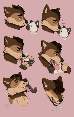 4_toes ambiguous_form ambiguous_gender ambiguous_prey anthro anthro_pred barefoot biped black_body black_claws black_eyebrows black_fur black_nose black_text blush bodily_fluids body_in_mouth breath brown_body brown_eyebrows brown_eyes brown_fur brown_hair cheek_tuft claws deep_kiss dominant dominant_anthro dominant_male dripping drooling duo endosoma exclamation_point eyebrows eyes_closed facial_tuft fangs feet feral finger_claws forced front_view fur fur_markings fur_tuft grey_body grey_fur grey_text hair half-closed_eyes hand_on_chest hand_on_head hand_on_paw handpaw head_first head_grab head_in_mouth head_tuft heart_symbol hidden_eyes hungry in_mouth inner_ear_fluff interspecies intimate kiss_on_lips kissing larger_anthro larger_male larger_pred licking long_tail looking_at_another looking_down looking_up love male male_pred markings multicolored_body multicolored_fur narrowed_eyes neck_bulge neck_tuft nude on_tongue onomatopoeia open_mouth oral_vore panting partially_inside paws pink_background pink_tongue pushing safe_vore saliva saliva_drip saliva_string short_hair side_view simple_background size_difference slurping smaller_ambiguous smile smooch_(sound_effect) soft_vore sound_effects standing submissive submissive_ambiguous surprised swallowing sweat tail tail_tuft tan_body tan_fur teeth text three-quarter_view toes tongue tongue_out tuft vore wet whiskers white_body white_fur wide_eyed sugarygulp canid canine canis domestic_cat felid feline felis mammal siamese_cat wolf 2021 bust_portrait comic digital_drawing_(artwork) digital_media_(artwork) english_text flat_colors headshot_portrait hi_res multiple_scenes portrait signature watermark