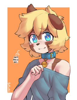 anthro blonde_hair blue_clothing blue_collar blue_eyes blue_shirt blue_t-shirt blue_topwear clothing collar collar_tag dialogue folded_ears hair male shirt solo t-shirt text topwear borvar ashi_(ashizero) canid canine mammal raccoon_dog tanuki 2024 english_text hi_res