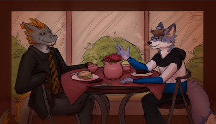 anthro bangs beverage brown_hair cafe cake chair clothed clothing coffee cutlery day dessert dialogue duo eye_contact flower food fork fur furniture grey_body grey_fur hair horn jacket kitchen_utensils knife looking_at_another male male/male open_clothing open_jacket open_mouth open_topwear orange_body orange_fur outside plant romantic romantic_couple sandwich_(food) shrub slice_of_cake smile table tail talking_to_another tools topwear vase white_body white_fur window easyvock mythology canid canine dragon fox mammal mythological_creature mythological_scalie scalie colored colored_sketch digital_drawing_(artwork) digital_media_(artwork) shaded sketch
