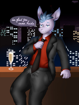 anthro blue_eyes bottomwear bulge city city_background clothed clothing clothing_pull container cup drinking_glass glass glass_container glass_cup hair male necktie open_mouth pants purple_body shirt smile solo suit text topwear wine_glass azusagp aggretsuko sanrio tadano_(aggretsuko) asinus donkey equid equine mammal 2025 3:4 absurd_res digital_media_(artwork) hi_res
