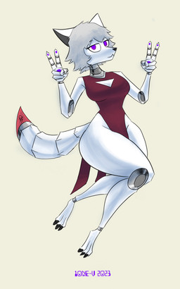 breasts claws clean_lines cleavage cleavage_cutout clothed clothing confident cutout digitigrade dress female form_fitting gesture grey_hair hair hand_gesture looking_at_viewer lying machine mechanical_arm mechanical_leg metallic_body on_back pawpads pelvic_curtain purple_eyes red_clothing red_dress relaxing robotic_limb robotic_limbs segmented_tail sleeveless_clothing smile smirk solo tight_clothing v_sign white_body 10ne-v alexa_(10ne-v) canid canine fox living_machine mammal robot 5:8 absurd_res digital_media_(artwork) full-length_portrait hi_res portrait shaded signature