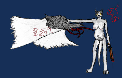 anthro barefoot belly belt big_belly big_breasts blaster bodily_fluids breasts cloak clothing clothing_pull digitigrade energy_weapon eyeliner fangs feet female fetal_movement flowing_cape flowing_clothing fur fur_collar grey_body grey_fur gun holding_cloak holding_gun holding_object holding_ranged_weapon holding_weapon jewelry lactating looking_at_viewer makeup navel necklace nipples nude outie_navel pink_eyeliner pink_nipples pregnant pregnant_female pubes ranged_weapon red_belt red_glow red_smoke shotgun smoke symbol symbol_on_clothing tail teeth tribal tuft undressing weapon white_body white_cloak white_clothing white_fur yellow_eyes haribunawa legends_of_chima lego mohrta windra_(legends_of_chima) canid canine canis mammal wolf 2026 absurd_res alpha_channel crossover hi_res signature
