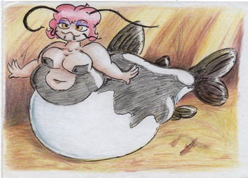 belly big_belly breasts female hair overweight pink_hair simple_background solo split_form yellow_eyes shar0makai aquatic catfish fish merfolk 2021 hi_res traditional_media_(artwork)