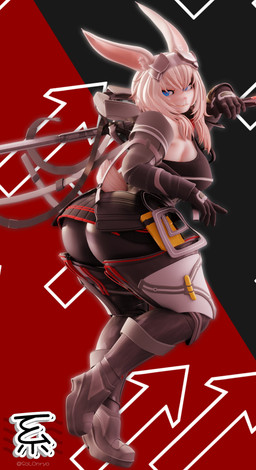 alternate_species anthro big_breasts big_butt black_bottomwear black_clothing black_gloves black_handwear black_skirt blue_eyes boots bottomwear breasts butt clothing directional_arrow female footwear furrification gloves hair handwear holding_object holding_weapon inner_ear_fluff legwear long_ears long_hair looking_at_viewer pink_nose pleated_skirt scut_tail shoes short_tail side_boob skirt smile smiling_at_viewer solo tail thick_thighs thigh_boots thigh_highs tuft weapon white_body white_hair wide_hips geodat morethreedee_(modeler) arknights arknights_endfield hypergryph studio_montagne avywenna_(arknights) lagomorph leporid mammal rabbit 2026 3d_(artwork) absurd_res digital_media_(artwork) full-length_portrait hi_res portrait watermark