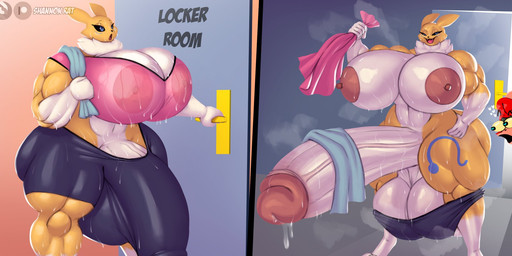 ambiguous_gender anthro areola balls biceps big_areola big_balls big_breasts big_bulge big_penis blue_eyes bodily_fluids bottomwear breasts bulge bulging_eyes clothing door duo erection eyes_closed genital_fluids genitals gynomorph huge_balls huge_breasts huge_bulge huge_penis hyper hyper_balls hyper_bulge hyper_genitalia hyper_penis intersex muscular muscular_anthro muscular_gynomorph muscular_intersex muscular_thighs nipples nude open_mouth penis pink_areola pink_nipples precum red_eyes shirt shorts solo_focus sweat sweaty_breasts text topwear towel towel_on_shoulder undressing shannonrat bandai_namco digimon digimon_(species) renamon english_text hi_res