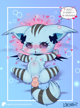 abdominal_bulge anthro areola back_wings biped black_eyes black_sclera blush bodily_fluids bow_accessory cheek_tuft chibi collar collar_only cute_fangs dialogue disembodied_penis duo ear_tuft erection eye_roll facial_tuft fangs female female_penetrated flat_chested front_view fur genital_fluids genitals glans grey_body grey_fur grey_stripes head_markings heart_symbol humanoid_genitalia humanoid_penis humanoid_vulva looking_pleasured lying male male/female male_penetrating male_penetrating_female markings navel nipples nude on_back open_mouth pawpads penetration penile penile_penetration penis penis_in_vagina pink_nose pupils ring_(marking) ringed_tail sex simple_background slit_pupils small_wings speech_bubble spread_legs spreading striped_arms striped_legs striped_markings striped_tail stripes sweat tail tail_markings tears tears_of_pleasure teeth text tongue tuft vaginal vaginal_fluids vaginal_penetration vulva wings young young_anthro young_female ultama_lokshar beatcats sanrio chelsea_(beatcats) domestic_cat felid feline felis mammal 2026 alternate_version_at_paywall english_text hi_res