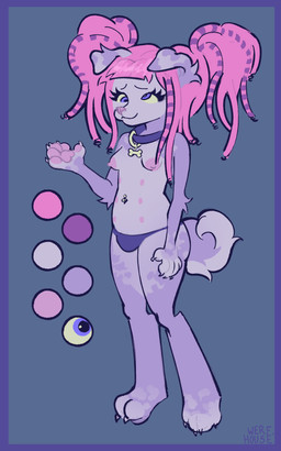 anthro bangs blue_border border bulge clothing collar coontail_hair curled_tail derp_eyes dreadlocks gynomorph intersex multi_nipple navel navel_piercing nipples piercing solo tail thong underwear werehouse canid canine canis domestic_dog mammal absurd_res hi_res