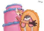 annoyed anthro bandage cake cake_costume clothing costume dessert duo female food food_costume hug pastry pie pie_costume simple_background white_background asphk canid canine fox lagomorph leporid mammal rabbit absurd_res hi_res signature