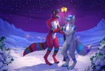 anthro biped black_body black_fur black_hair black_lips blue_eyes blue_hair blue_nose detailed_background digitigrade duo eye_contact featureless_crotch fluffy fur hair hand_holding lips looking_at_another multicolored_body multicolored_fur multicolored_tail night outside paws red_body red_eyes red_fur sky snow standing star starry_sky street_lamp tail white_body white_fur berubeswagos slashingdawn canid canine fox mammal 2021 absurd_res digital_media_(artwork) digital_painting_(artwork) hi_res painting_(artwork)