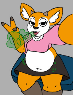 anthro belly belly_expansion belly_exposed big_belly black_bottomwear black_clothing black_nose black_skirt bloated boots bottomwear brown_boots brown_clothing brown_footwear brown_horn bubble_emanata burp_cloud burping clothing countershading emanata expansion female footwear fur half-closed_eyes horn looking_at_viewer narrowed_eyes orange_body orange_fur pink_clothing pink_topwear selfie shoes skirt solo tongue tongue_out topwear white_body white_fur jadebbutts aggretsuko sanrio tsunoda_(aggretsuko) antelope bovid gazelle mammal thomson's_gazelle true_antelope
