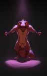 animal_genitalia anthro balls chain eyes_closed fist fur fur_markings genitals leaning looking_down male markings penis plantigrade purple_body purple_fur restraints sheath solo standing tiptoes wrist_restraint boblios canid canine hybrid mammal raccoon_dog absurd_res hi_res