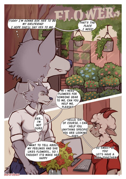 anthro clothed clothing computer_monitor dialogue female flower greeting horn keyboard male male/female male/male plant text awordnax beastars legoshi_(beastars) bovid canid canine canis caprine mammal wolf absurd_res comic english_text hi_res