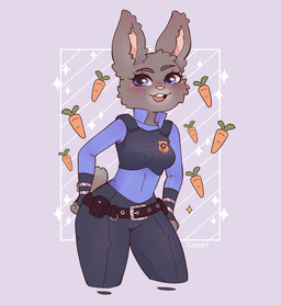 anthro belt belt_buckle belt_pouch black_belt blue_bottomwear blue_clothing blue_eyes blue_pants blue_shirt blue_topwear blush blush_lines bottomwear breasts buckle buckteeth bulletproof_vest carrot cheek_tuft clothed clothed_anthro clothed_female clothing ear_tuft eyebrows eyelashes facial_tuft female female_anthro fist food fully_clothed fully_clothed_anthro fully_clothed_female fur grey_background grey_body grey_eyebrows grey_fur grey_tail hands_on_own_hips light long_ears medium_breasts open_mouth open_smile pants pink_tongue plant police police_officer police_uniform scut_tail shirt short_tail simple_background smile solo sparkles standing tail tan_inner_ear tan_nose teeth text thick_thighs tongue topwear tuft uniform vegetable suzeart disney zootopia judy_hopps european_rabbit lagomorph leporid mammal oryctolagus rabbit 2024 artist_name colored digital_drawing_(artwork) digital_media_(artwork) english_description hi_res lighting portrait shaded three-quarter_portrait