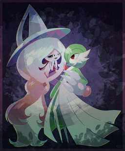 ambiguous_gender black_sclera blue_eyes blush blush_lines duo eyelashes female floral_background flower green_pseudo_hair pink_body plant pseudo_hair red_eyes white_body mrh2o2 nintendo pokemon gardevoir generation_3_pokemon generation_8_pokemon hatterene humanoid pokemon_(species) 2025 dated hi_res signature