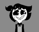 alternate_universe apron bite biting_lip biting_own_lip black_hair blush bodily_fluids clothing female grey_background hair looking_away nervous self_bite simple_background smile solo sweat fatz_geronimo dreemurr_reborn undertale undertale_(series) cheerie avian bird humanoid monster reaction_image