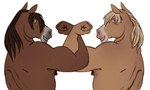 anthro armpit_hair body_hair brown_body duo flexing hair long_hair male male/male nipples simple_background smile tan_body white_background cseed equid equine mammal