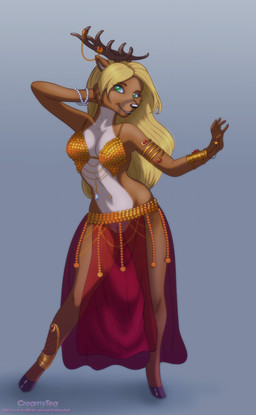 anklet anthro armlet black_nose blonde_hair bra bracelet breasts brown_body brown_fur clothing dancing female fur genitals green_eyes grey_background hair harem harem_outfit hooves horn jewelry long_hair looking_at_viewer navel navel_piercing piercing silk simple_background smile solo translucent translucent_clothing underwear vulva white_body white_fur creamytea deer mammal 2013 hi_res
