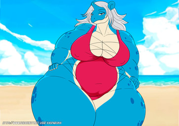 anthro beach bedroom_eyes belly big_breasts blue_body blue_eyes breasts clothing female hair hand_on_hip huge_breasts huge_hips huge_thighs hyper hyper_hips hyper_thighs narrowed_eyes navel one-piece_swimsuit overweight overweight_anthro overweight_female seductive solo swimwear thick_thighs white_hair wide_hips xxsparcoxx nintendo pokemon octavia_(choujinvirus) generation_1_pokemon lapras mammal pokemon_(species) 2026 digital_media_(artwork) hi_res