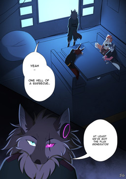 anthro clothing dialogue ear_tuft ears_up female furniture group hair heterochromia inside male on_display red_hair screen sitting standing table tail text tuft rednroge kiri_igness canid canine canis fox mammal english_text hi_res
