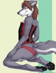 abstract_background anthro brown_eyes butt clothed clothing corset crossdressing digitigrade femboy lace lingerie looking_at_viewer male panties pawpads paws pose simple_background smile solo topwear underwear truegrave9 fuzzwolf canid canine canis mammal wolf