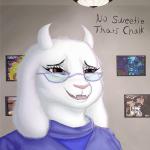 anthro clothed clothing dialogue eyewear female fur glasses horn mature_anthro mature_female painting smile solo text white_body white_fur homo_the_domo deltarune undertale undertale_(series) toriel boss_monster_(undertale) bovid caprine mammal 1:1 2019 digital_media_(artwork) english_text