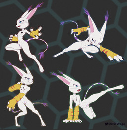 4_fingers 4_toes action_pose anthro biped black_claws black_nose black_pasties black_text black_whiskers blue_eyes casual_exposure casual_nudity claws clenched_teeth clothing covered_nipples crouching cute_fangs digitigrade ear_tuft eyebrows eyelashes fangs feet female female_anthro fighting_pose finger_claws fingerless_gloves fingerless_gloves_only fingers flat_chested fur genitals gloves gloves_only half-closed_eyes handwear handwear_only hexagon_background humanoid_genitalia humanoid_vulva iris kick long_ears long_tail long_whiskers markings mostly_nude mostly_nude_anthro mostly_nude_female multicolored_tail multiple_poses narrowed_eyes navel nipple_tape open_mouth open_smile orange_stripes pasties pattern_background pattern_clothing pattern_gloves pattern_handwear pink_inner_ear pink_tongue pink_vulva pose pubes pupils purple_eyebrows purple_markings purple_pubes purple_stripes purple_tail purple_tail_tuft purple_tuft ring_(marking) ringed_tail short_snout simple_background skinny skinny_anthro skinny_female slim slim_anthro slim_female slit_pupils smile snout solo standing striped_clothing striped_gloves striped_handwear striped_markings striped_tail stripes tail tail_markings tail_tuft tape teeth text thin_tail toe_claws toes tongue tuft two_tone_tail vulva whiskers white_body white_ears white_fur white_markings white_sclera white_stripes white_tail yellow_clothing yellow_fingerless_gloves yellow_gloves yellow_handwear w4g4 bandai_namco digimon digimon_(species) felid gatomon mammal absurd_res full-length_portrait hi_res multiple_images pinup portrait signature