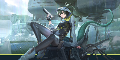 ankle_boots bent_leg black_bodysuit black_clothing black_skinsuit bodysuit boots breasts clothing colored_nails female fingerless_gloves footwear gloves green_eyes green_hair gun hair hair_between_eyes handgun handwear holding_gun holding_handgun holding_object holding_pistol holding_ranged_weapon holding_weapon hood jacket long_hair looking_at_viewer medium_breasts nails navel_outline pink_nails pistol ponytail ranged_weapon shoes sitting skinsuit tail tight_clothing topwear weapon white_boots white_clothing white_footwear white_jacket white_topwear kulu_(artist) arknights arknights_endfield hypergryph studio_montagne fluorite_(arknights) animal_humanoid humanoid reptile reptile_humanoid scalie scalie_humanoid snake_humanoid absurd_res hi_res