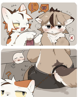 :< ambiguous_anthro ambiguous_gender anthro anthro_on_anthro arm_grab biped black_boxer_briefs black_claws black_clothing black_underwear blush blush_lines boxer_briefs brown_body brown_ear_tips brown_ears brown_fur brown_hair cheek_tuft circle_eyebrows claws clothed clothing countershade_face countershade_fur countershade_tail countershade_torso countershading cute_fangs dipstick_ears directional_arrow duo ear_markings ears_down emanata eyebrows facial_tuft fangs finger_claws flustered front_view fur gesture grey_eyes hair hand_gesture hand_on_arm handpaw head_tuft holding_clothing holding_object holding_underwear interspecies kemono looking_aside looking_at_another male male/ambiguous male_anthro mismatched_ears mottled multicolored_body multicolored_ears multicolored_fur multicolored_tail nude one_eye_closed open_mouth open_smile orange_body orange_ears orange_fur paws piebald pivoted_ears pointing pointing_at_another pupils question_mark rear_view scientific_instrument sitting smile sound_effects speech_bubble tail teeth text thermometer thought_bubble topless topless_anthro topless_male tuft two_tone_ears underwear underwear_only undressing white_body white_countershading white_fur white_inner_ear wink x_symbol yellow_sclera kyameta calico_cat_(kyameta) calico_cat canid canine canis domestic_cat domestic_dog felid feline felis mammal 2025 4:5 absurd_res colored comic digital_media_(artwork) hi_res japanese_text pictographics